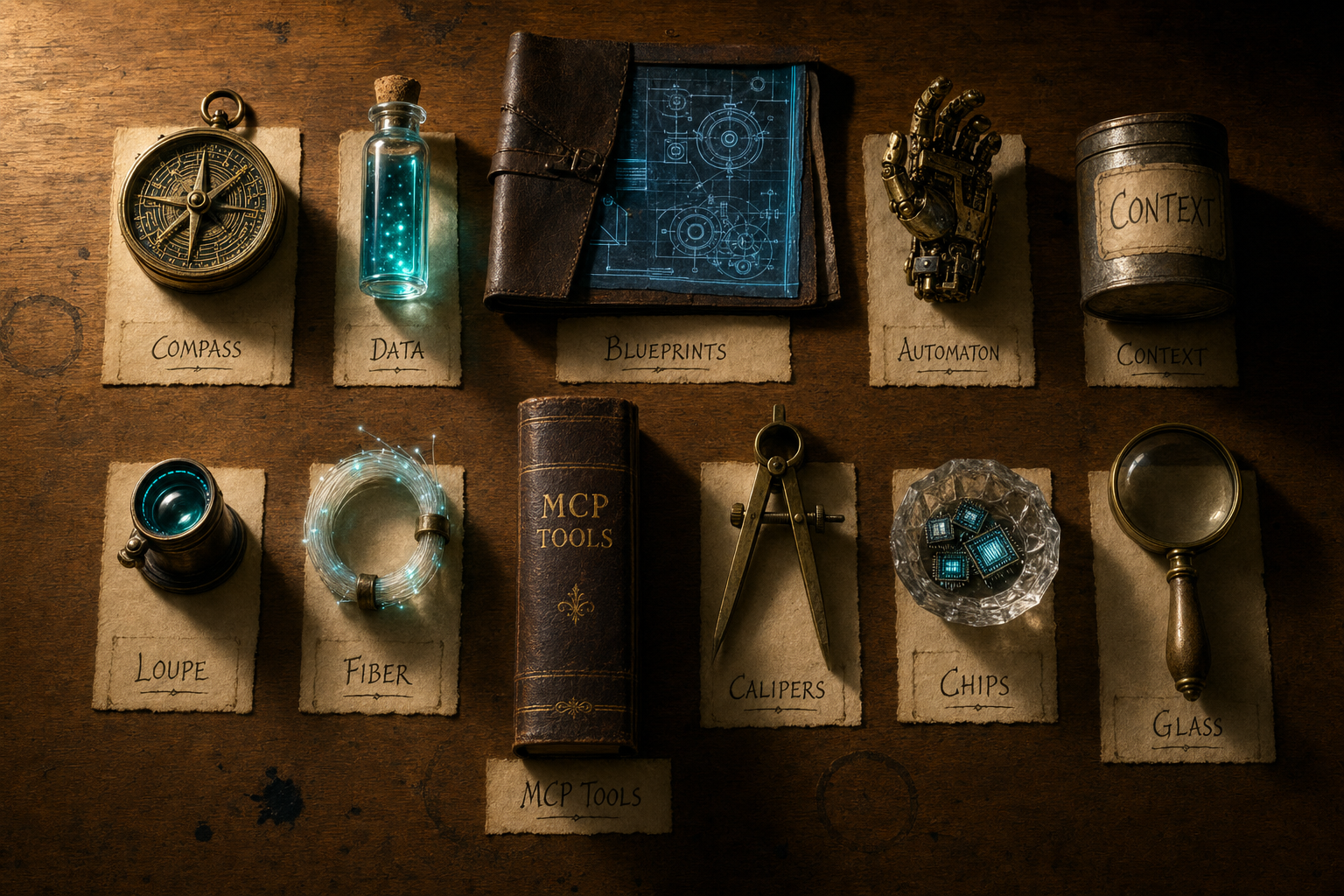 Top-down knolling photograph of a craftsman's workbench laid out with intricate tools made for AI agents